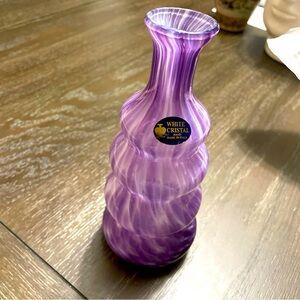 White Crystal Bottle Vase Made In Italy Purple & White Stripes Swirls Tapered